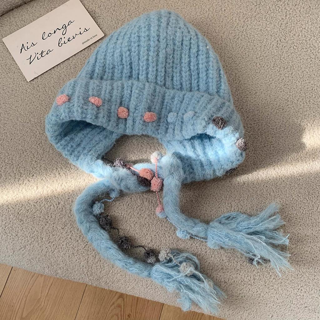 Rote Wollknäuel-Fransen-Strickmütze Kinder-Winter-Verdickte Warme Ohrenschützer-Mütze Kälteschutz Großer Kopfumfang Taschenkopf Wollmütze