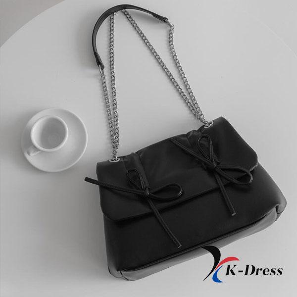 Loving Ribbon Leather Chain Shirring Square Flap Crossbody Shoulder Bag (4 Colors)