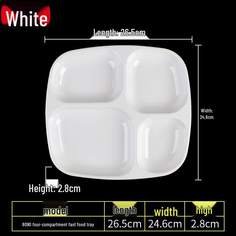 Four-Compartment Faux Porcelain Meal Tray - Melamine Square Fast Food Tray