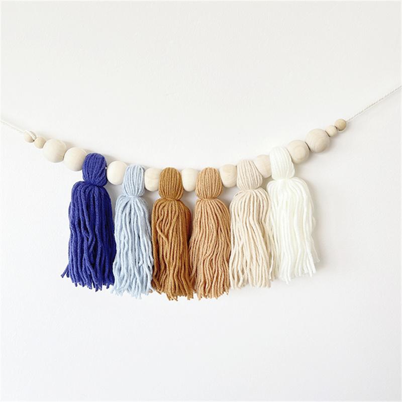 Boho Cotton Tassel Garland Wall Decoration with Wooden Beads Nursery Decor for Baby Room Tent Hanging Pendant Photo Props