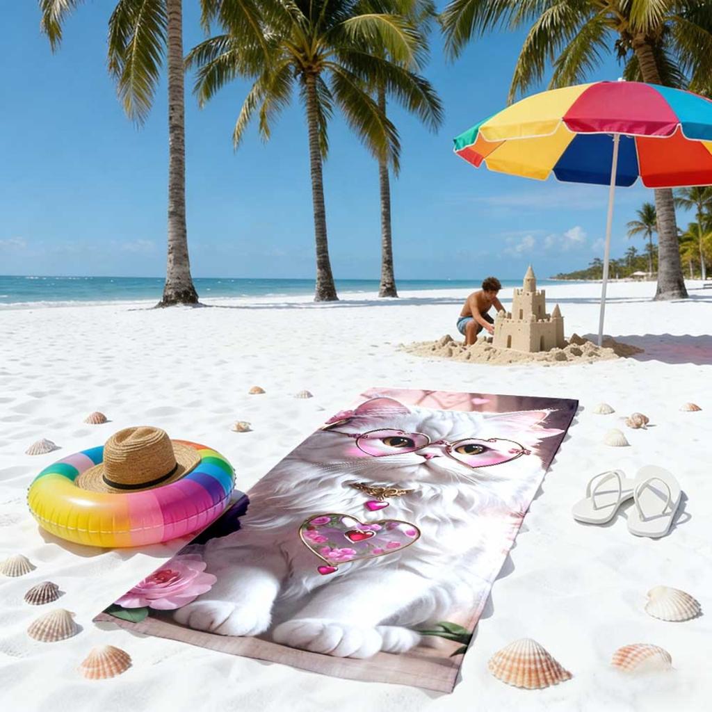 Sandproof Beach Towel Waterproof Microfiber 1Pc 2D Flat Printed Aesthetic Cat Animal Holiday Sunbath Lounger Blanket Seaside