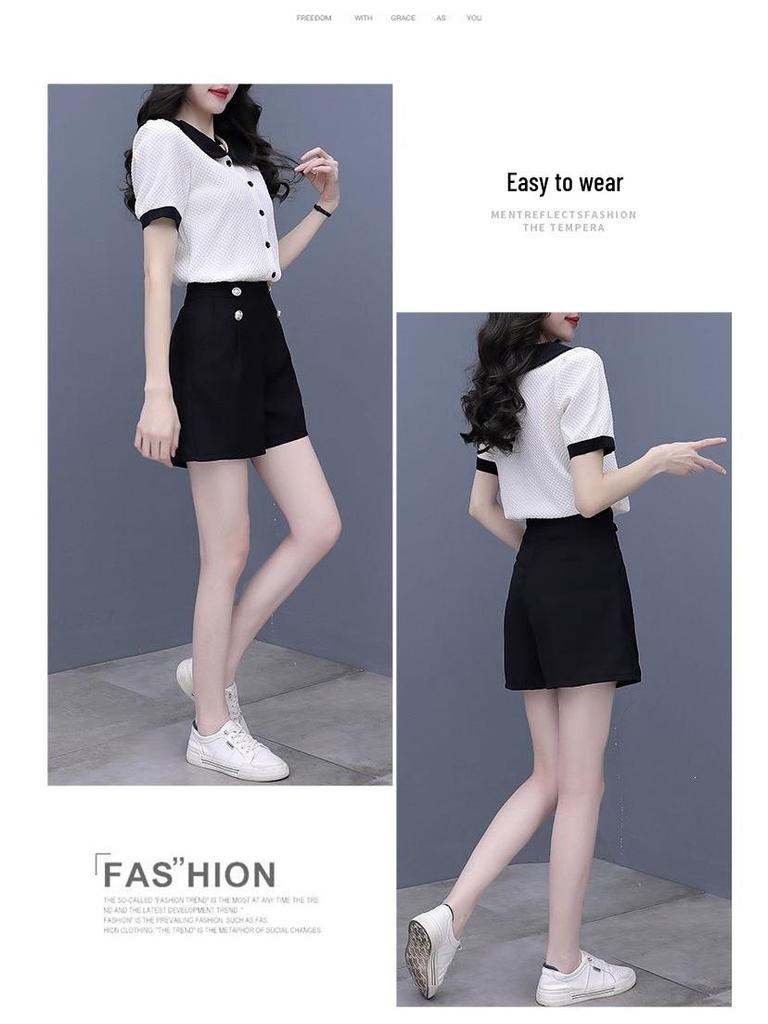 Women's Summer Color Block Doll Collar Two-Piece Set: Short Sleeve Top & Shorts