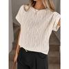 VEZFAA Women's Fashion Casual Summer Spring Solid Color Print Short Sleeve O-Neck Blouses & Shirts