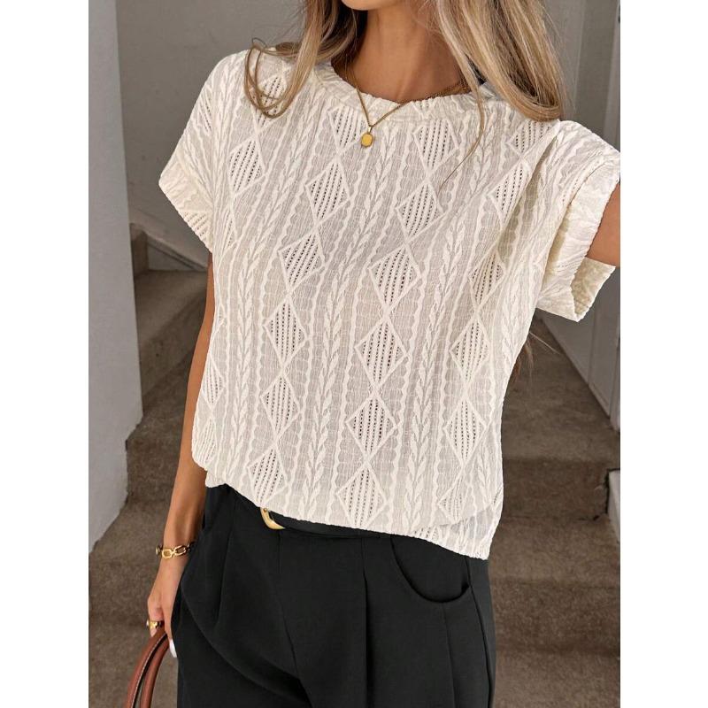 VEZFAA Women's Fashion Casual Summer Spring Solid Color Print Short Sleeve O-Neck Blouses & Shirts