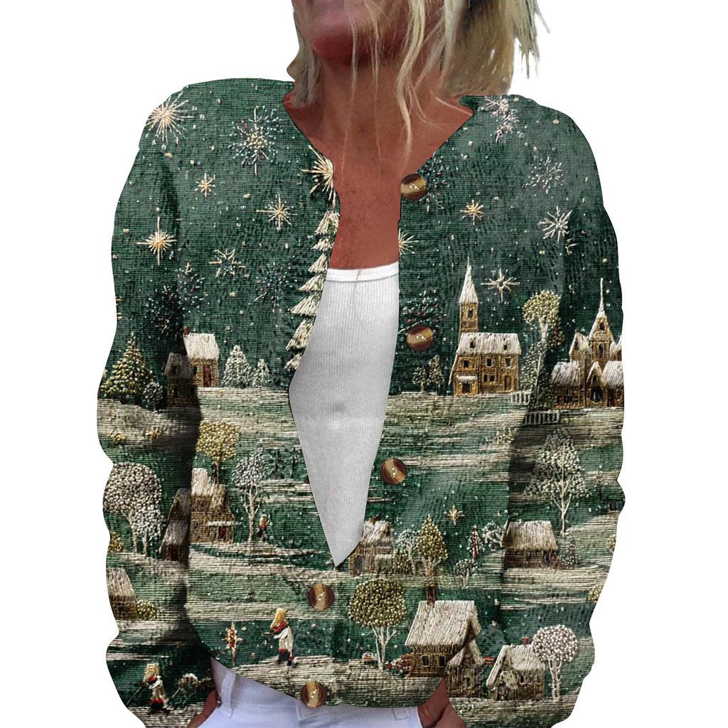 Women's Fashion Printed Long Sleeve Knitted Cardigan Button Down Jacket