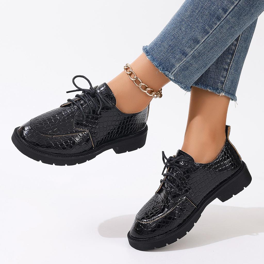 Foreign Trade Large Size Fashion Ankola Red Snake Pattern Leather Shoes Women's Casual Versatile Students Korean Version of the Trend Thick Heel Sma