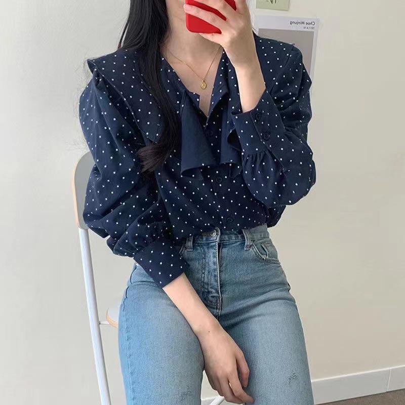 Korean Fresh Age-Defying Polka Dot Peter Pan Collar Puff Sleeve Loose Top - 2025 Spring/Autumn Collection