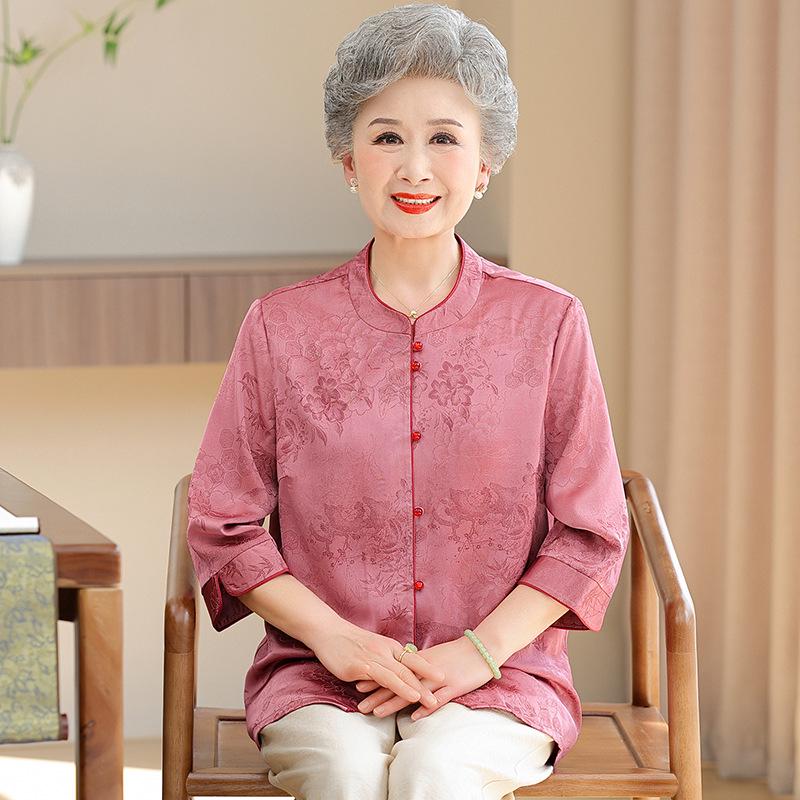 

Grandma s New Style Mulberry Silk Shirt for Middle-Aged & Elderly - Seven-Sleeve, Lightweight Top XL (Recommended for 50-55 kg) розовый