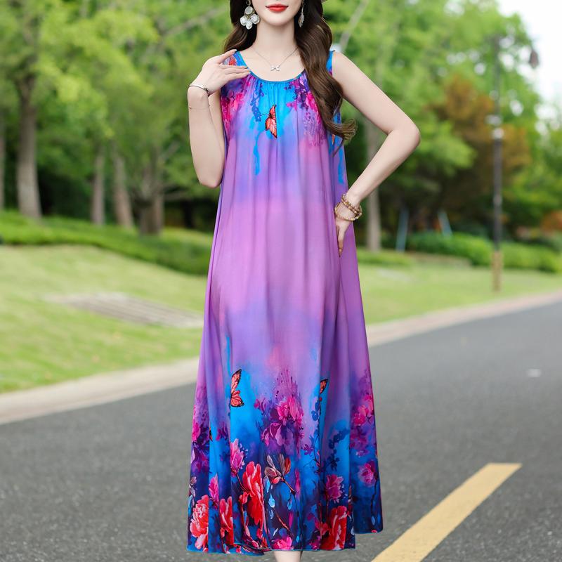 Damen Sommerkleid Vintage Kleidung Lässig Ärmellos Lange Kleider