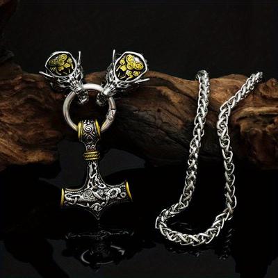 Nordic Viking Hammer Pendant with Wolf Head & Bear Claw Rune Necklace - Men's Punk Amulet Jewelry