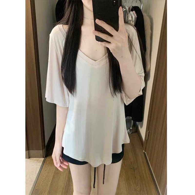 Plus Size Chubby Girl K-style Casual Laid-Back Style V Neck Short-Sleeved T-shirt Women's Summer New Arrival Loose Slimming Slim Fit Bottoming Shirt