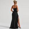 Women Elegant Solid Straps Slit Ruched Patchwork Sexy Bodycon Maxi Dress Summer Outfits Evening Party Birthday Dresses