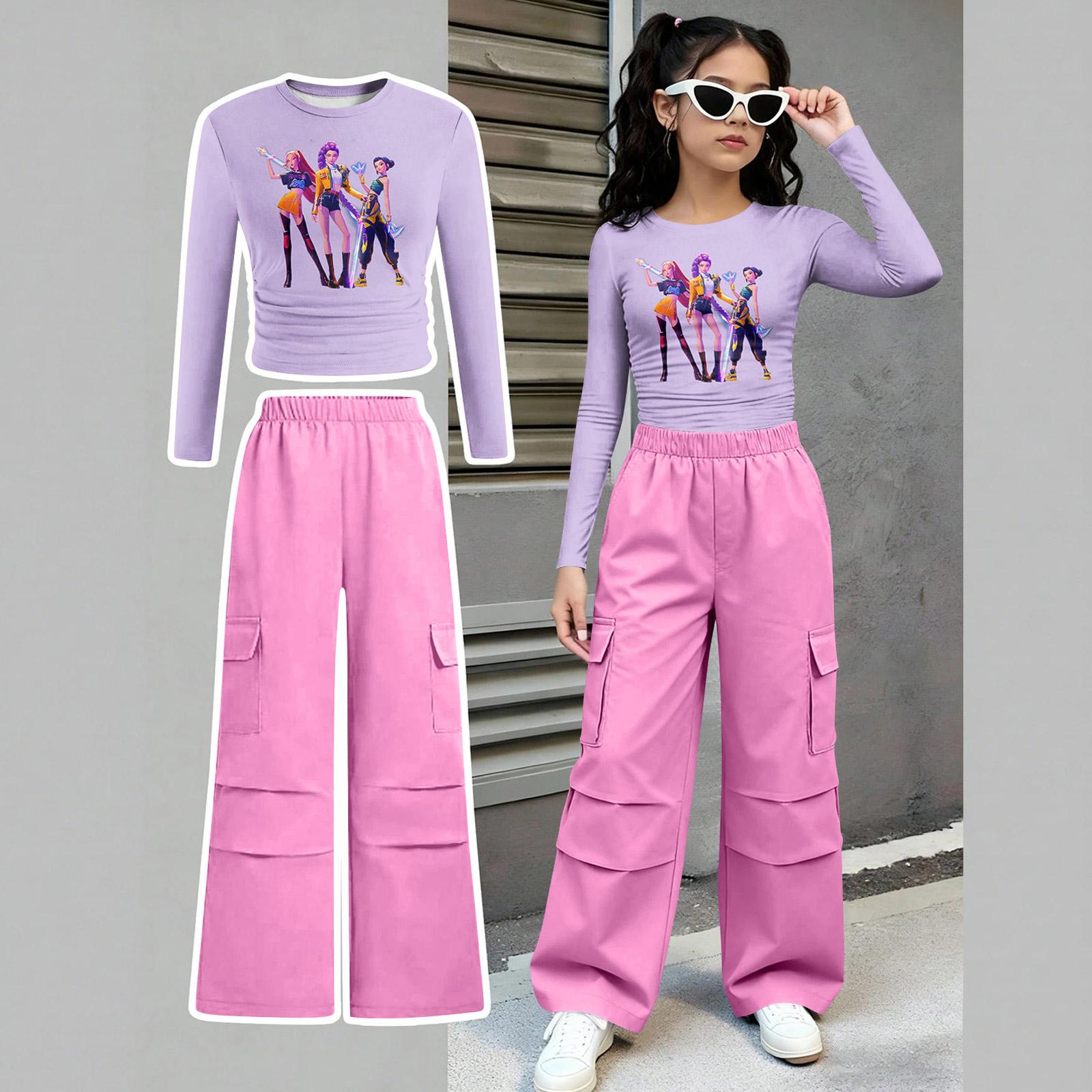

Children s Summer Waist Cinched Long Sleeve Top And Straight Leg Two-Piece Athletic Set Short Printed Clothing Set 160 фіолетовий