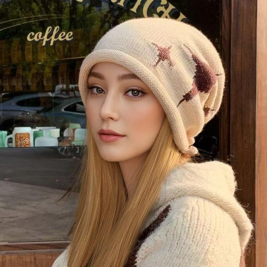 Woman Loose Beanie Hat Casual Drawstring Design Pile Hat Female Streetwear Outdoor Fashion Winter Knitted Hat