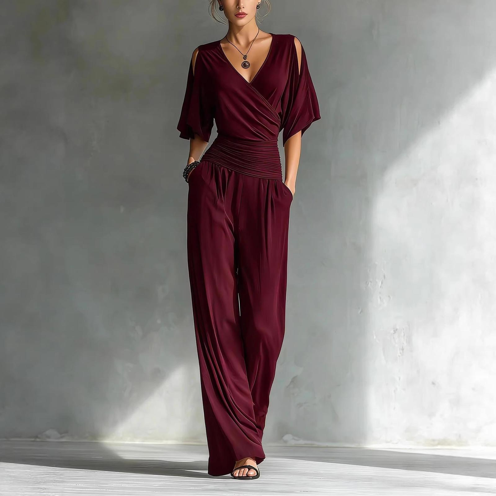 

Women’s Wide Leg Jumpsuit with Short Sleeves V Neck Wrap Front and Elastic Waist Loose Fit Outfit for Casual or Daily Wear S