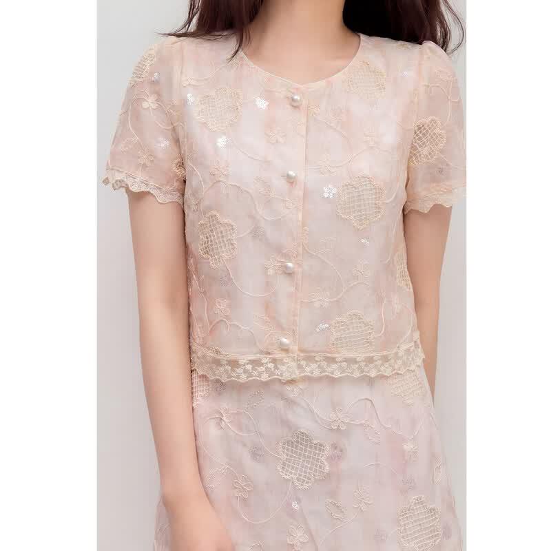 Lace Trim High-Waist A-Line Skirt Two-Piece Set