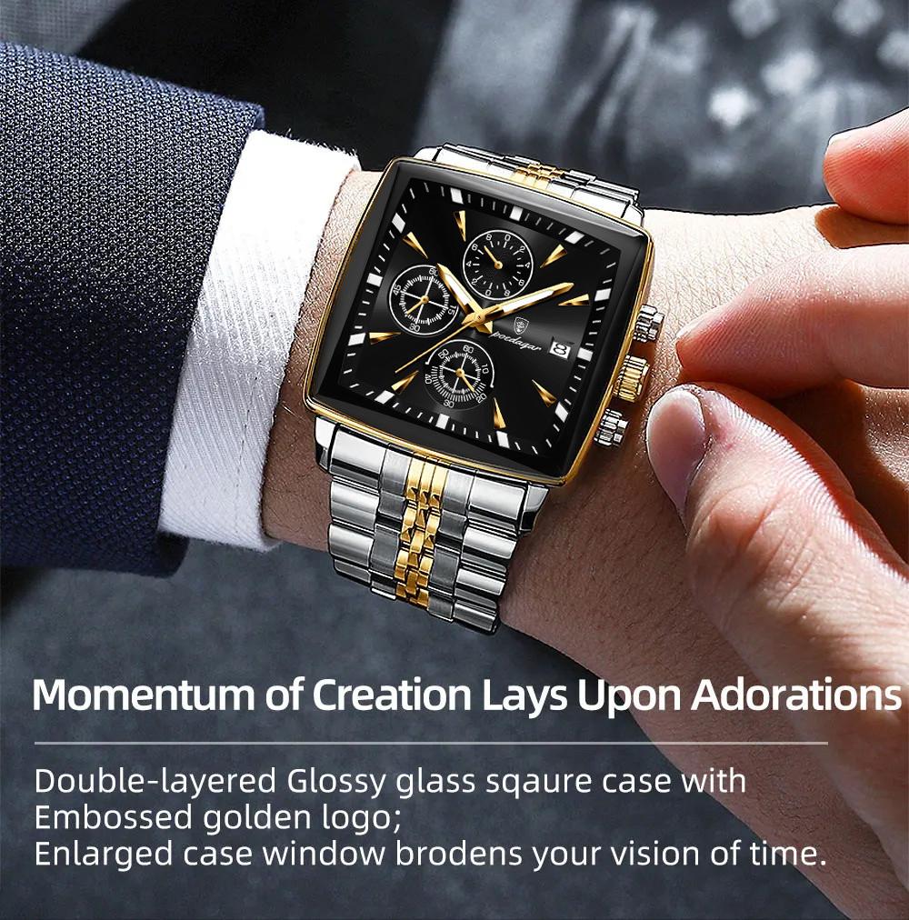 Business Quartz Watch Men Gold White Chronograph Dress Wristwatch with Stainless Steel Band Auto Date Luminous Hands 24-hour