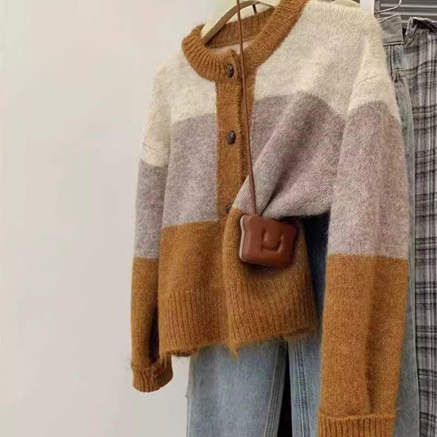 

Контрастные цвета осень и зима полосы короткий этнический свитер куртка новый ретро топ для женщин 3XL верблюд