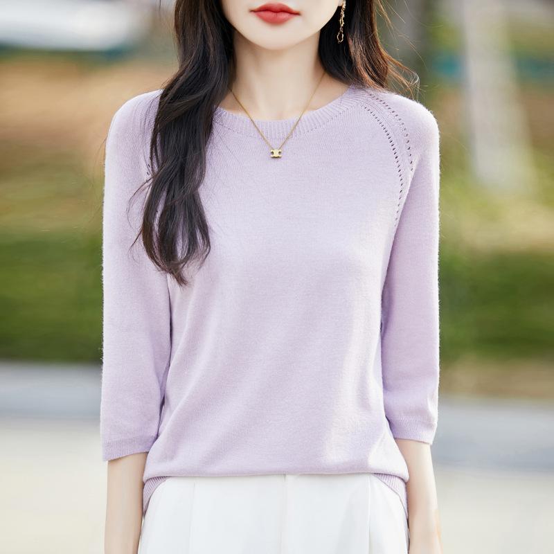 Summer Women's Clothing Crew Neck Knitted Sweater Short-sleeved Five-quarter-sleeved Top