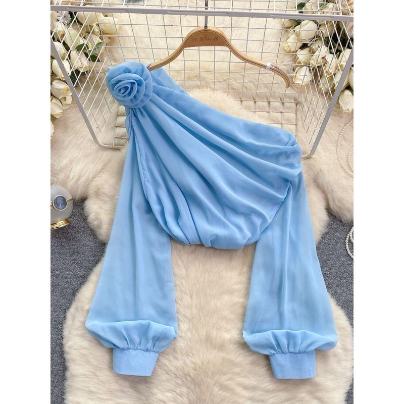 Shirt for Women 2024 New Design Sense Three-Dimensional Flower Diagonal Collar off-the-Shoulder Puff Sleeves French Tops Women's Spring Fashion