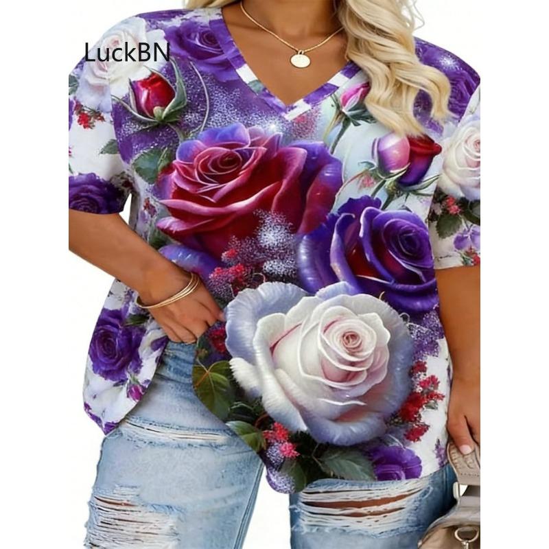 Summer Women's Daily Printed V-neck Short-sleeved T-shirt