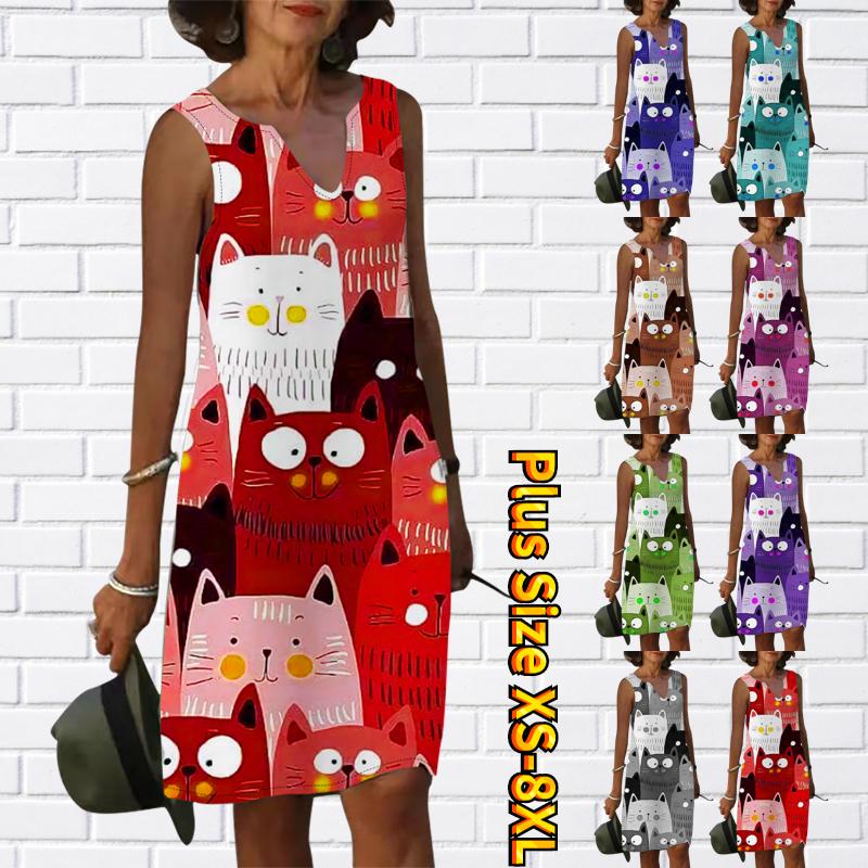 

Женское V-образное летнее красочное платье с геометрическим рисунком с принтом котенка повседневное модное платье без рукавов повседневные свободные сексуальные платья больших размеров XS-8XL