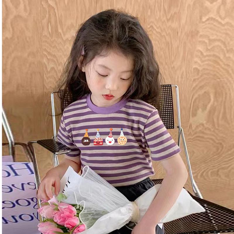 Girls Summer Cotton Striped Short Sleeve T Shirt Cartoon Print Round Neck Top Casual Base Layer Tee