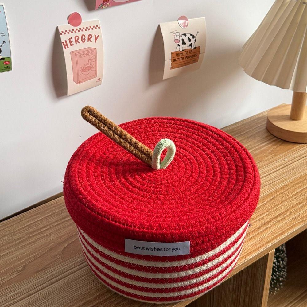Cute Red White Storage Basket Handmade Cartoon Design Woven Basket Covered Style Versatile Function Cotton Basket Women Use