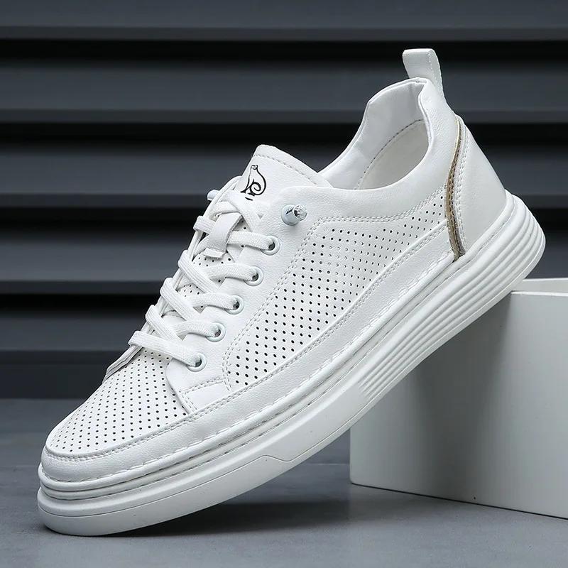 Neue Herren Freizeit-Schuhe aus echtem Leder Atmungsaktiv Mikroporös Flache Skate-Schuhe Schnür-Sneaker