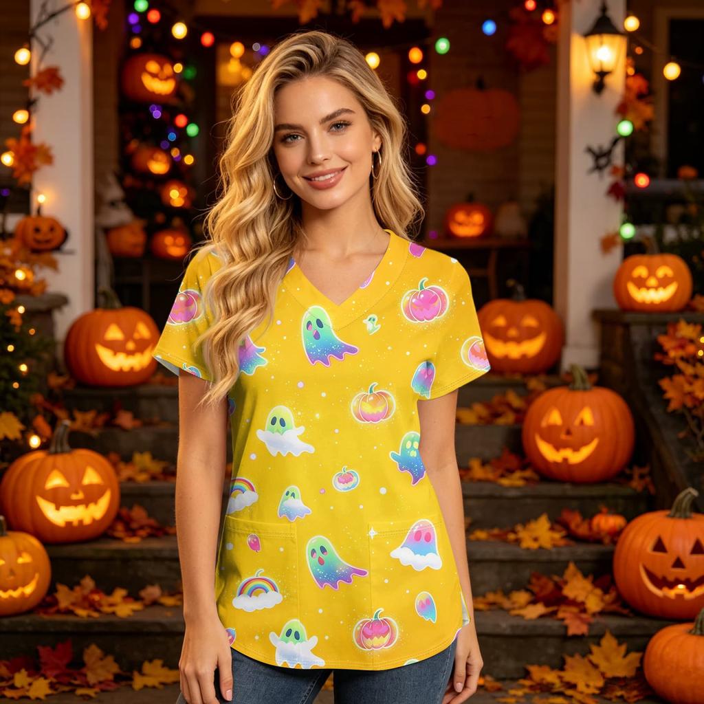 Women's V Neck Short Sleeve Work Top with Pockets Halloween Print Nurse Uniform Scrub Shirt for Healthcare Professionals