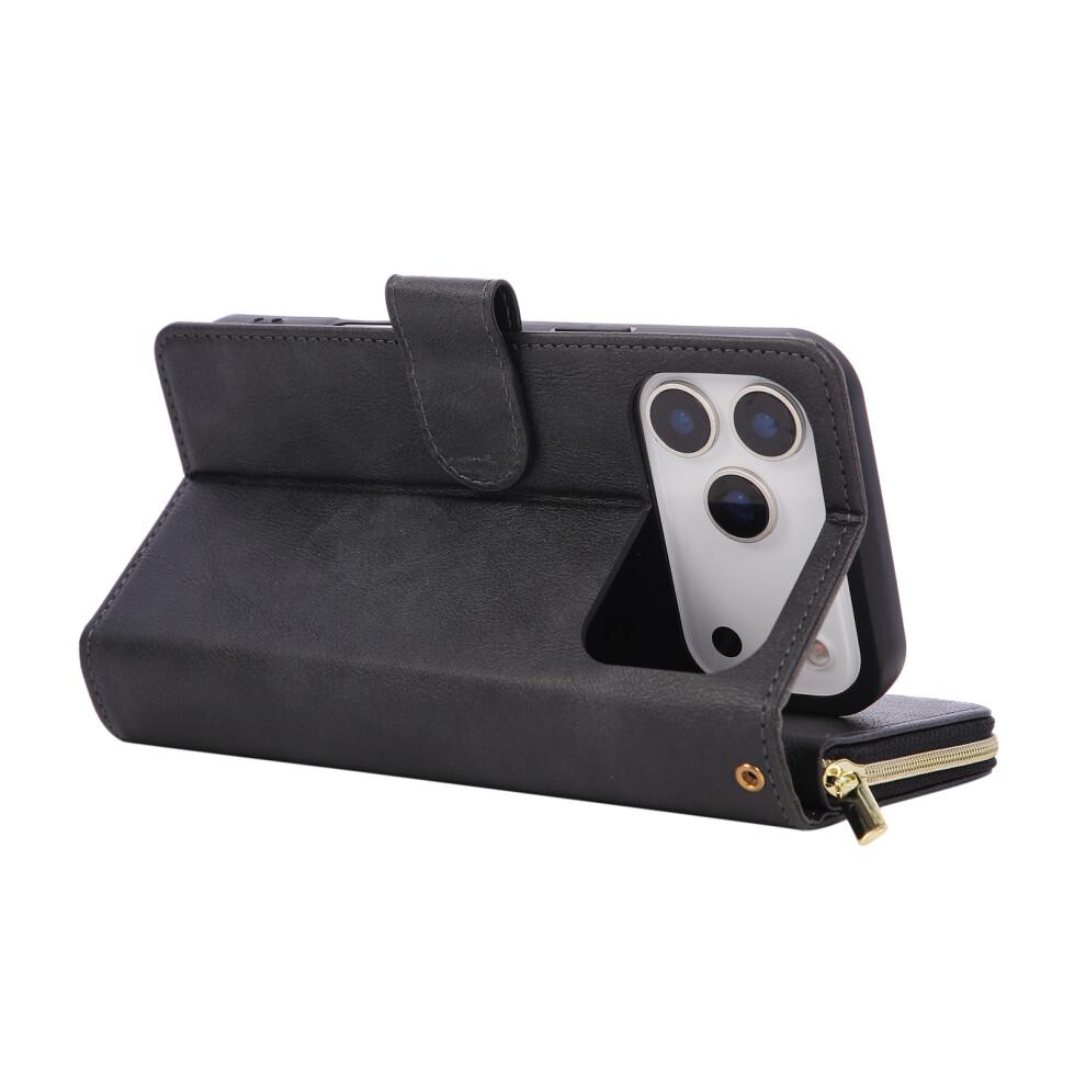 (Black) For iPhone 17 Pro Max Case Zipper Pocket 9 Card Slots PU Leather Phone Cover with Hand Strap