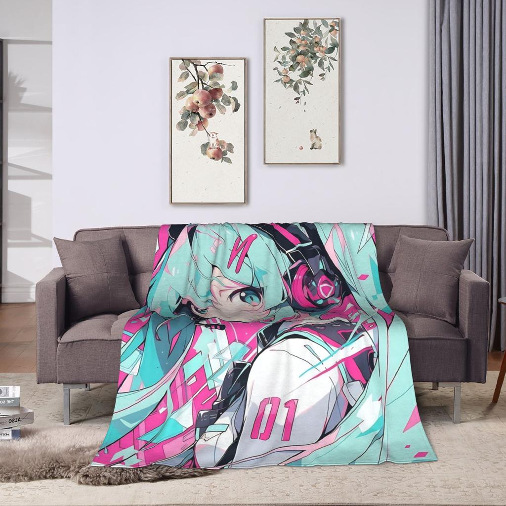 Hatsune Miku Anime Blanket Fleece Spring Autumn Portable Lightweight Thin Throw Blankets for Bed Travel Bedding Throws
