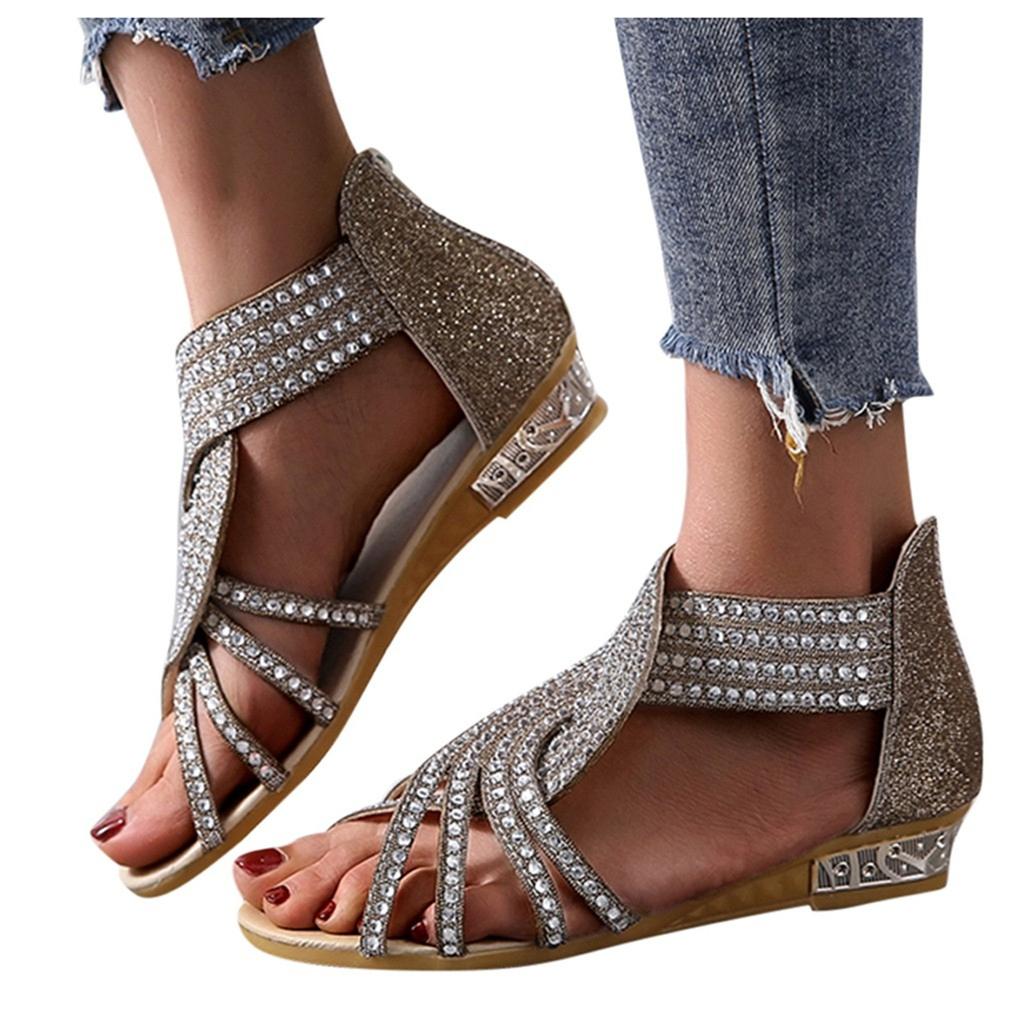 Sandals Women Women'S Ladies Fashion Vintage Crystal Outdoor Hollow Out Zip Up Sandals Shoes Womens Sandals Pu