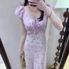 French sexy V-neck floral dress women's summer temperament waist long dress coffee break dress seaside vacation dress
