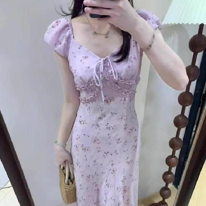 French sexy V-neck floral dress women's summer temperament waist long dress coffee break dress seaside vacation dress