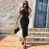 Sexy wind sleeveless neck dress new hollow pullover medium and long skirt women's Sanya travel skirt