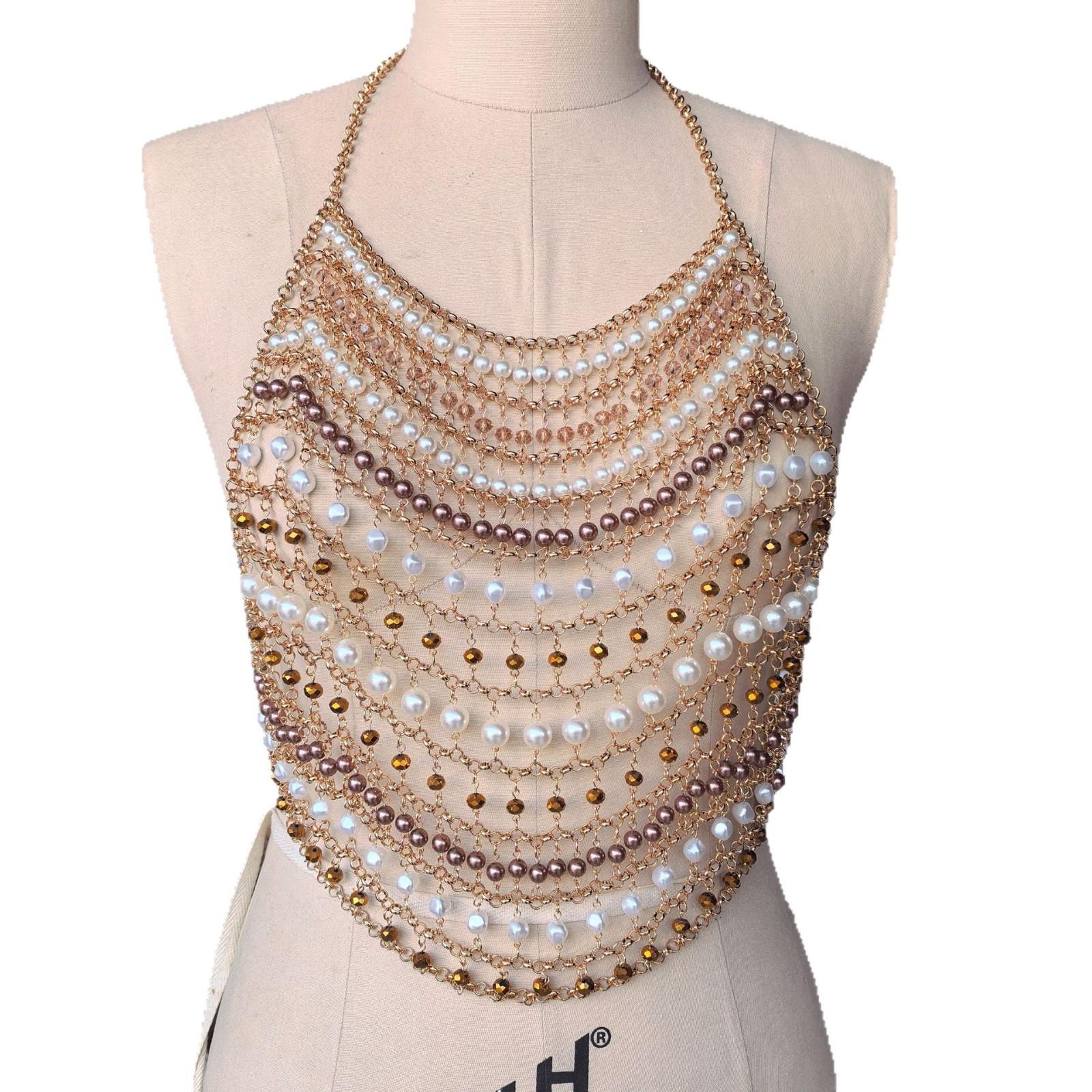 

European and American colored bead bra chain, fashionable multi-layer vest, summer imitation pearl body chain, bead top