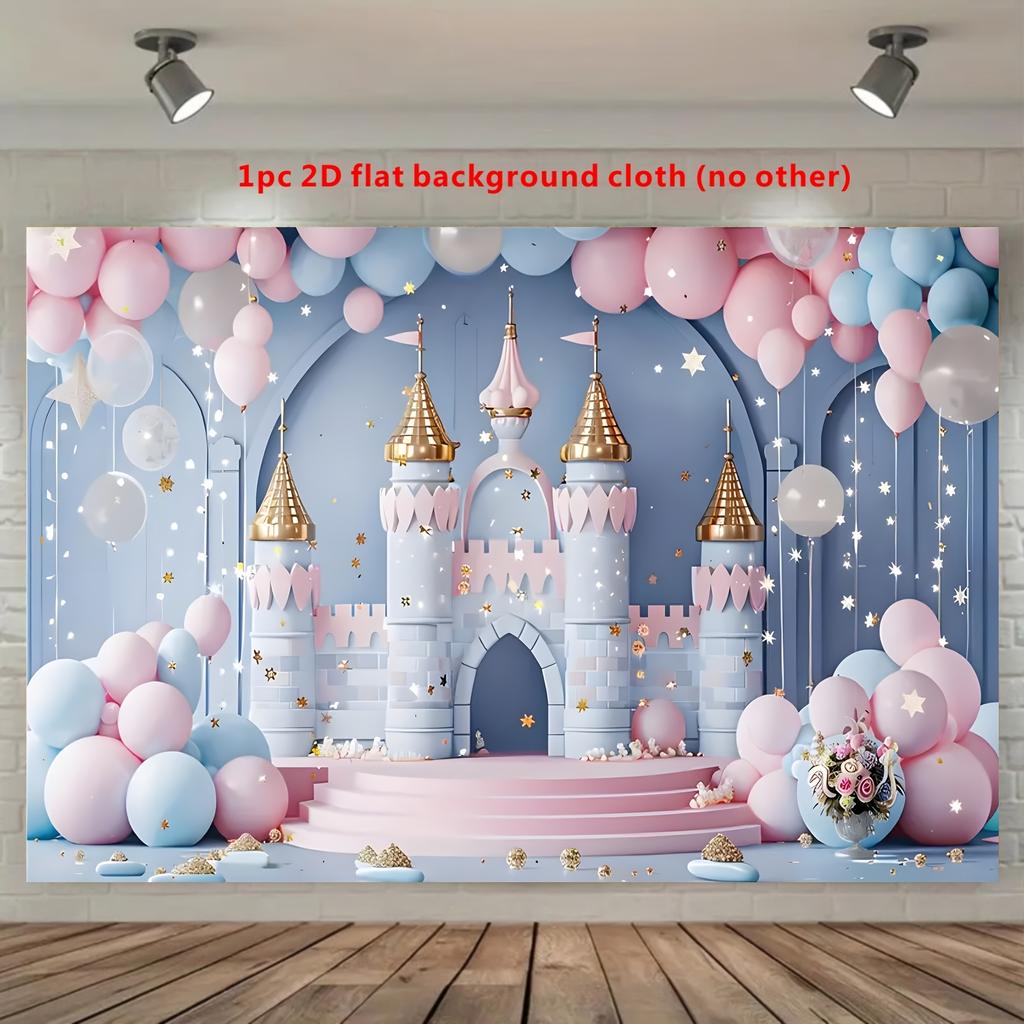 1 Piece of 2D Flat Banner - Fantasy Castle Fairy Tale Birthday Background - Soft Rainbow Vinyl Party Decoration