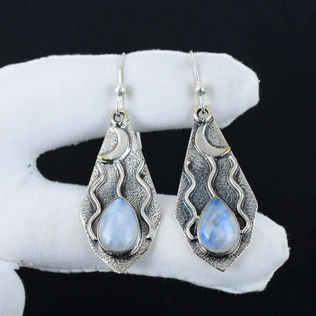 Natural Rainbow Moonstone Gemstone Earrings, 925 Sterling Silver Earring, Handmade Boho Silver Jewelry Dangle Earrings, Party Wear Gifts