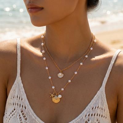 Bohemian Gold Color Layered Necklace for Women Pearl Beads Scallop Shell Starfish Pendant Summer Beach Vacation Jewelry Gift.
