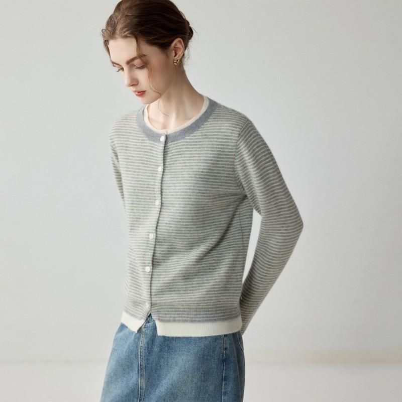 Womens Cashmere Blend Knit Cardigan With Stripe Detail Round Neck Long Sleeve Outerwear Fall Winter
