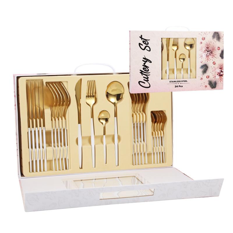 Stainless Steel Tableware Set, Knife, Fork, Spoon, Non-Slip, Kitchenware, Gift Box, Kitchen Dishes, Full Sets, 24 Pcs