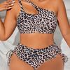Women's Leopard Print Two Piece Bikini Set - Asymmetrical One Shoulder High Waisted Side Tie Swimsuit