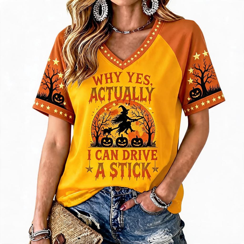 Women's Halloween Print Raglan Short Sleeve T-Shirt
