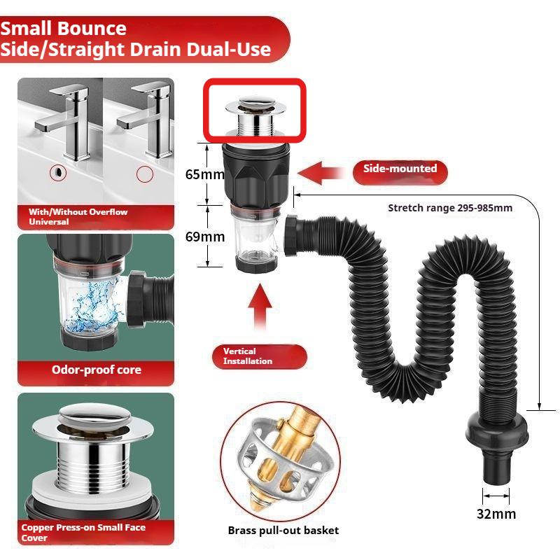 Complete set of anti-odor sealed drain pipe fittings for washbasins bathroom sink pop-up drain pipes, and basin drainers
