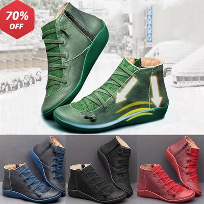 Sagit Women's Casual Flat Leather Retro Lace-up Boots Side Zipper Round Toe Shoe Boots