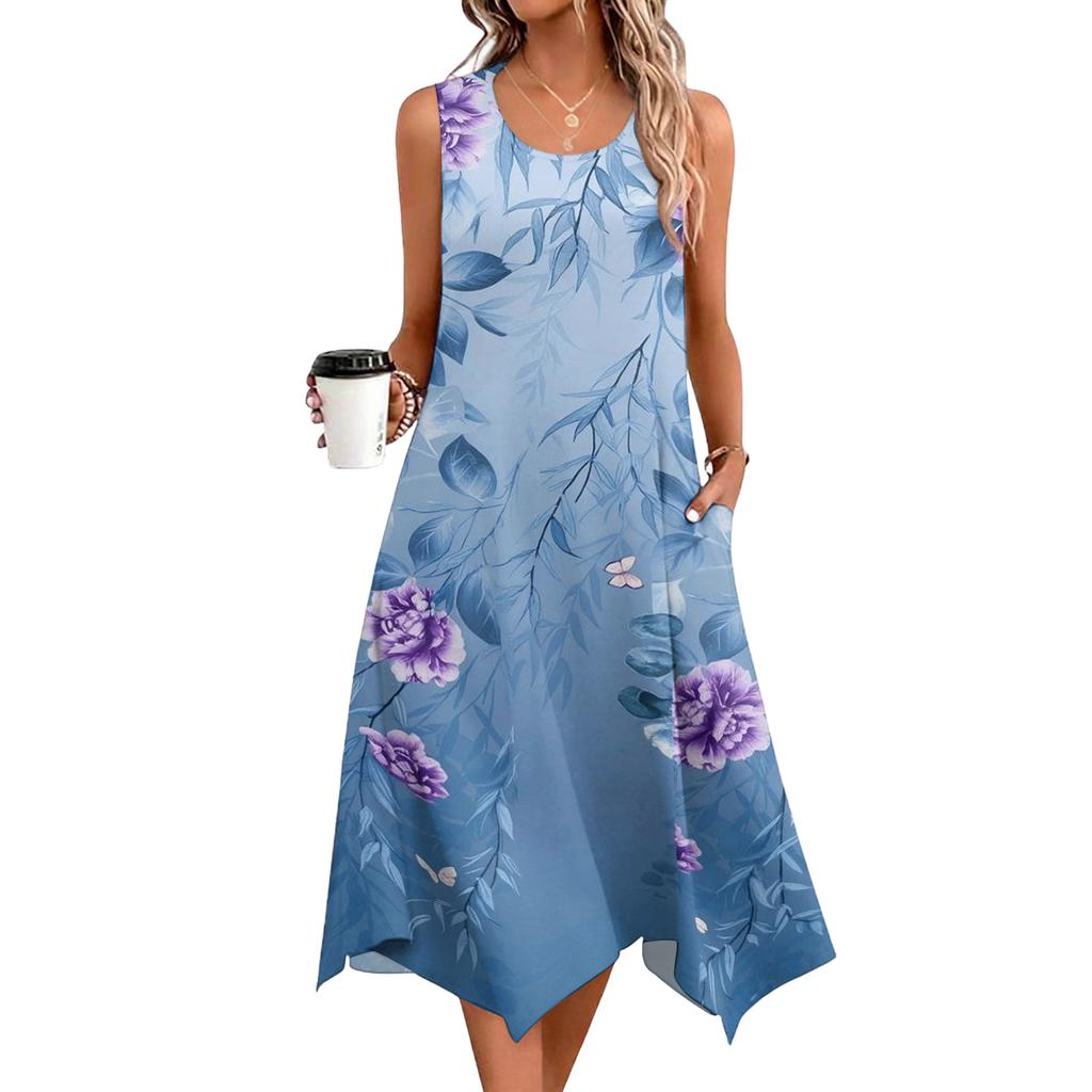 Dámské ležérní šaty na léto Tílkové šaty Volné plážové šaty s kapsami Rozšířené midi letní šaty