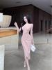 Elegant V-Neck Long-Sleeve Pleated Dress - Slim-Fit, Waist-Cinching Mid-Length Skirt for Women