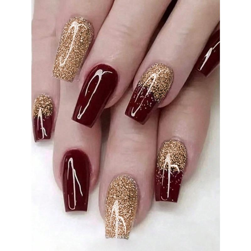 Square Press on Nails Set Elegant Burgundy Glitter Fake Nails Fashion Gold Loose Powder Fake Nails Full Coverage Fake Nail Tips for Women красный