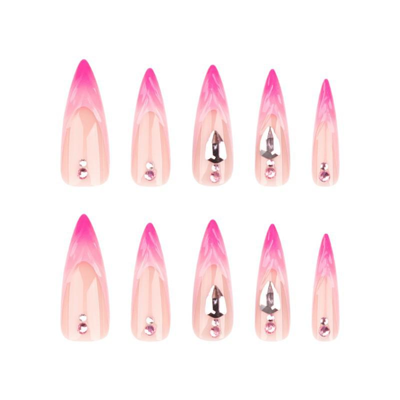 Gradient Rose Red Rhinestone 3D Long Pointed Nails (24 Pieces)